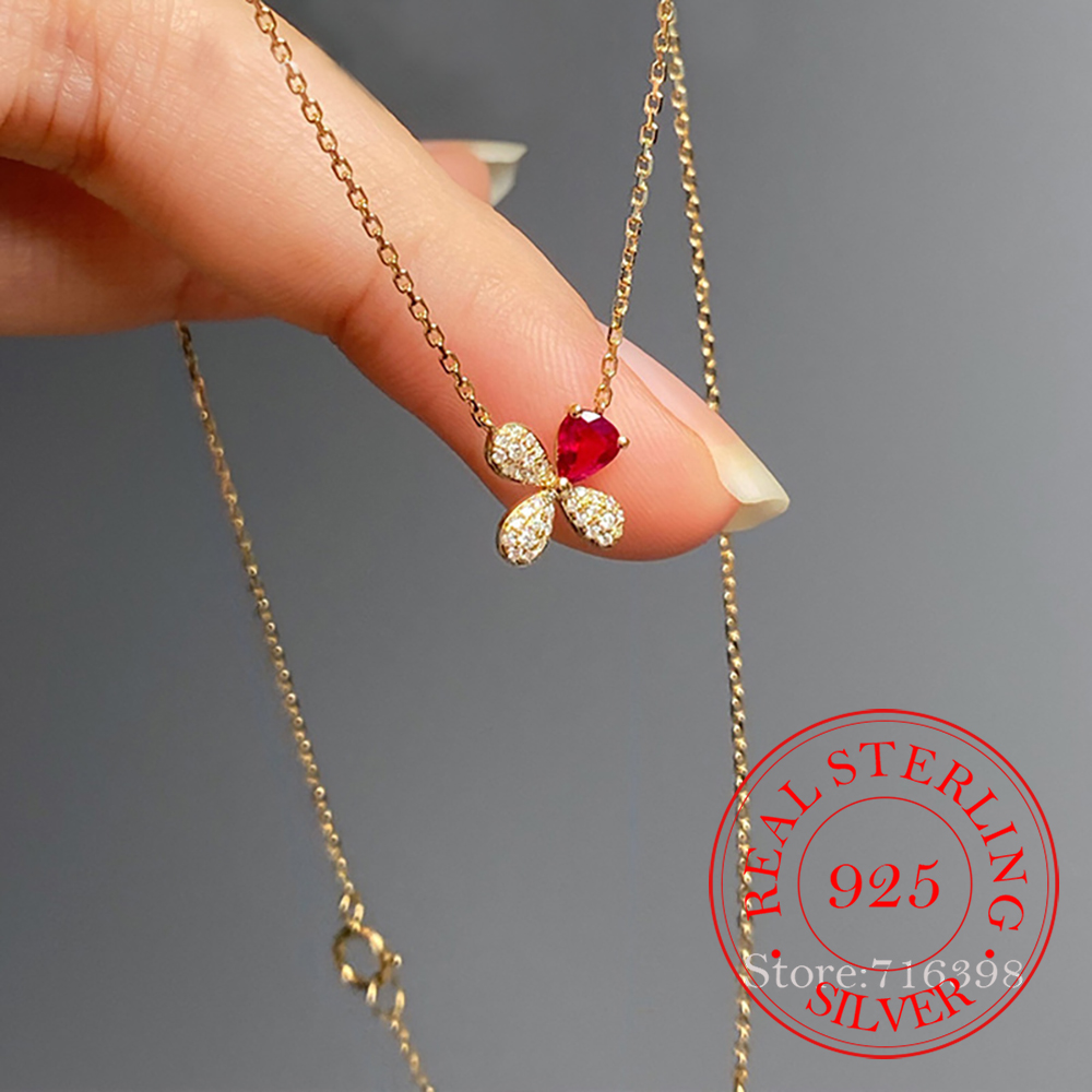 Crystal Choker Necklace - S925 prata esterlina clássico rubi clover